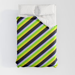 [ Thumbnail: Colorful Blue, Lavender, Green, Yellow, and Black Colored Stripes Pattern Duvet Cover ]