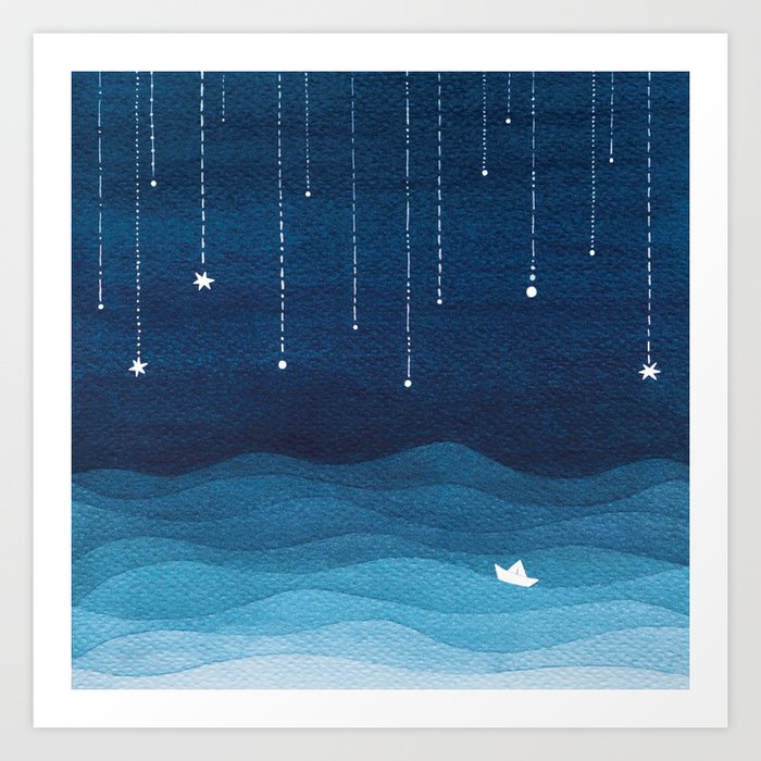 Falling stars, blue, sailboat, ocean Art Print