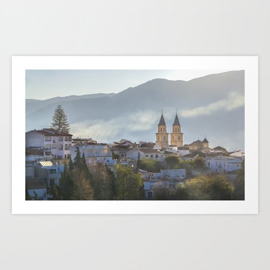 Twin spires of Orgiva town church Art Print