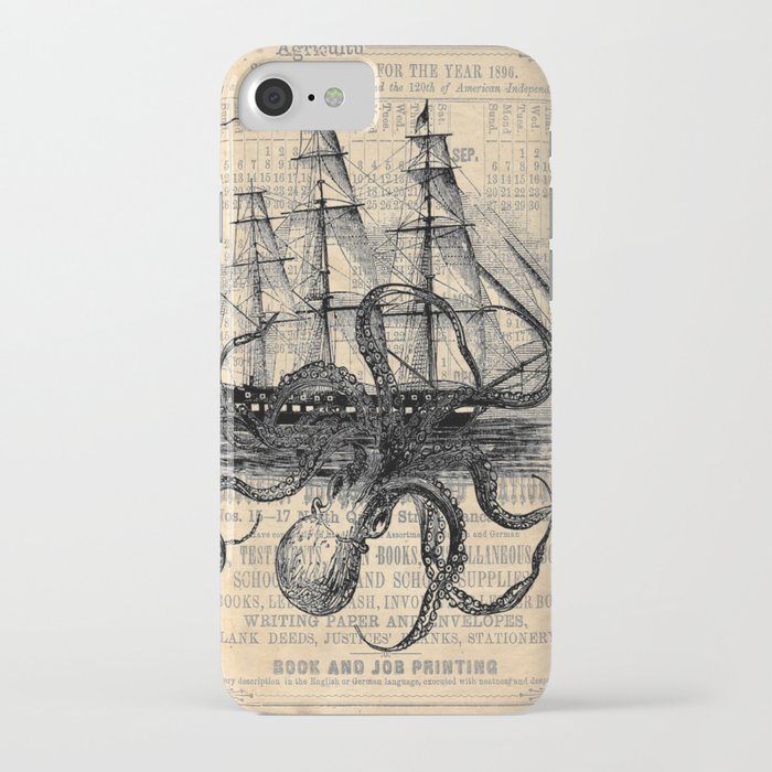 octopus kraken attacking ship antique almanac paper iphone case