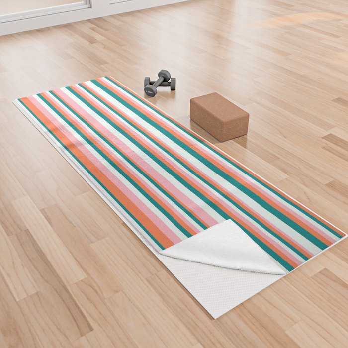 Teal, Mint Cream, Light Pink, and Coral Colored Lines/Stripes Pattern Yoga Towel