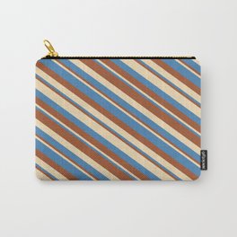 [ Thumbnail: Tan, Blue & Sienna Colored Stripes/Lines Pattern Carry-All Pouch ]