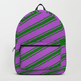 [ Thumbnail: Orchid and Green Colored Lined/Striped Pattern Backpack ]