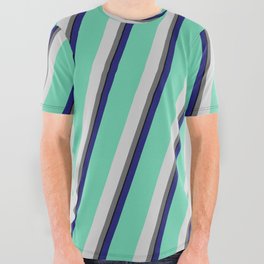 [ Thumbnail: Vibrant Midnight Blue, Aquamarine, Light Gray, Dim Gray, and Black Colored Pattern of Stripes All Over Graphic Tee ]