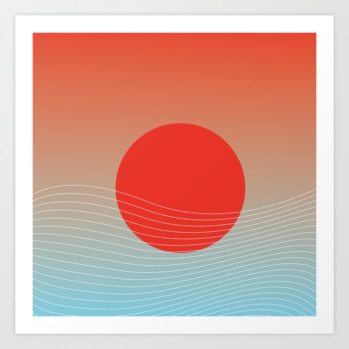 Red sun & white waves Art Print