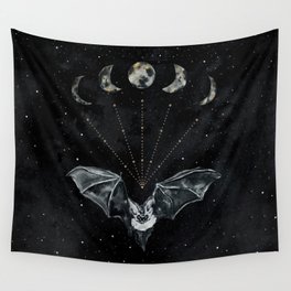 Bat and Moon Phases, Black Gold, Celestial Stars Witchy Wall Tapestry