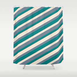 [ Thumbnail: Beige, Slate Gray, and Teal Colored Lined/Striped Pattern Shower Curtain ]