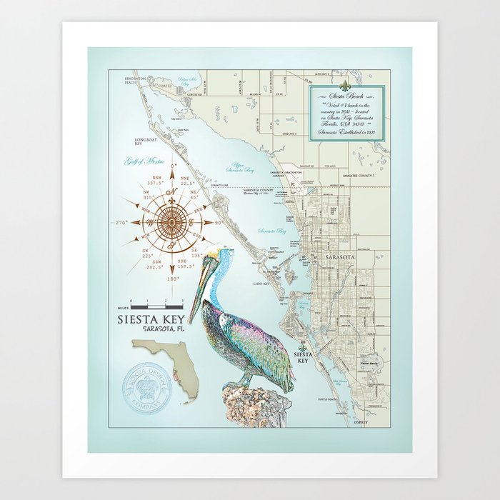 Sarasota & Siesta Key Area Map Art Print