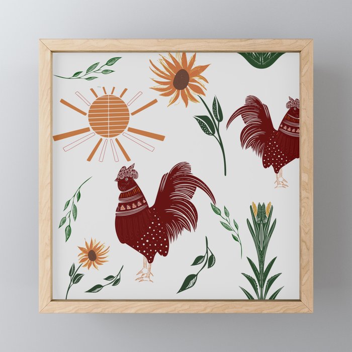 Folk art rooster pattern Framed Mini Art Print