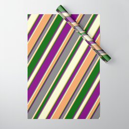[ Thumbnail: Colorful Purple, Grey, Light Yellow, Brown & Dark Green Colored Pattern of Stripes Wrapping Paper ]