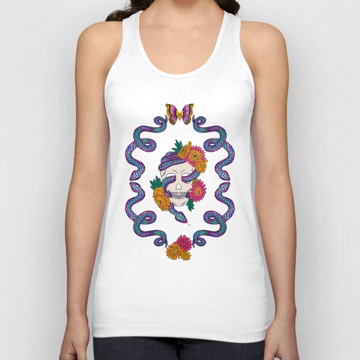 Floral Skull Snake on Midnight Blue Tank Top