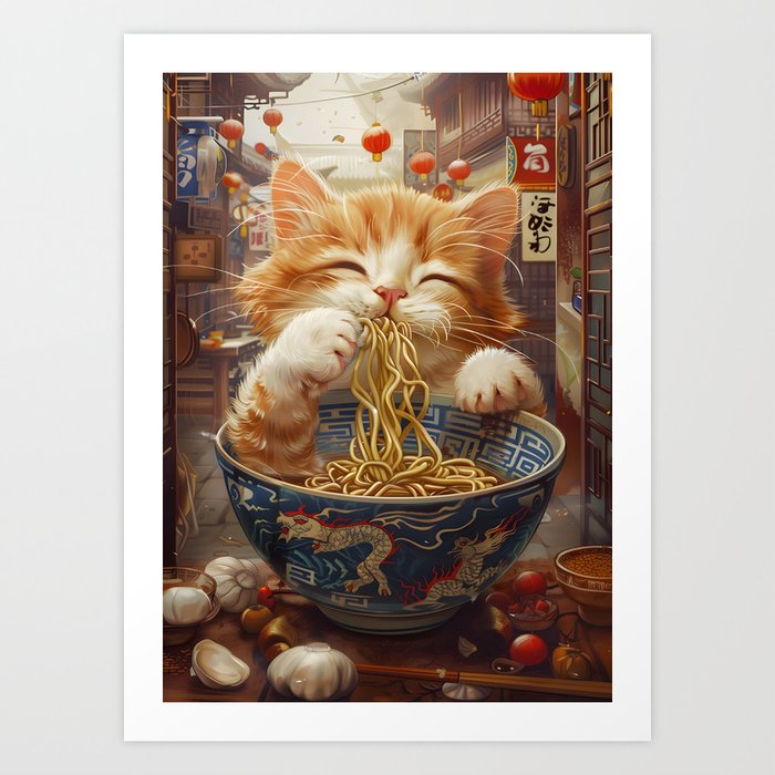 Noodle Nosh: Photorealistic Feline Feast Art Print