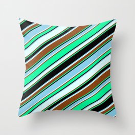 [ Thumbnail: Vibrant Green, Black, Sky Blue, Light Cyan & Brown Colored Lined/Striped Pattern Throw Pillow ]