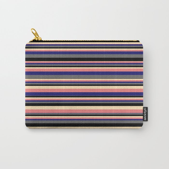 Vibrant Beige, Light Coral, Midnight Blue, Dim Gray, and Black Colored Pattern of Stripes Carry-All Pouch