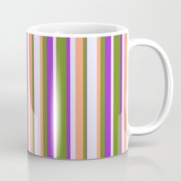 [ Thumbnail: Green, Light Salmon, Lavender & Dark Orchid Colored Stripes Pattern Coffee Mug ]