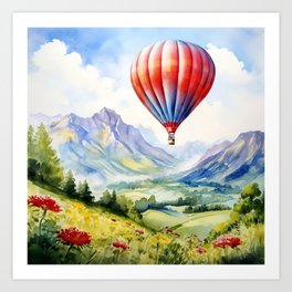 Hot Air Balloon Flying over Mountains - Watercolor Landscape Art Print