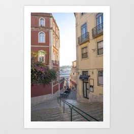 Lisbon steps alley summer street - Portugal mediterranean travel photography Art Print