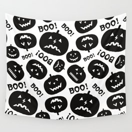 Halloween Black and White Pattern with Pumpkin Silhouette and inscription Boo Wall Tapestry