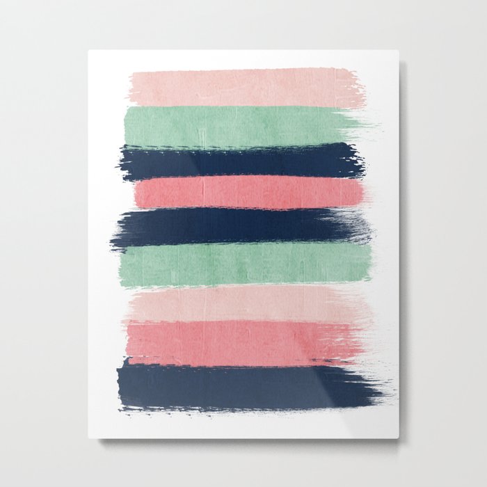 Painted stripe stripes mint navy pink modern color palette painterly minimalist nursery art Metal Print