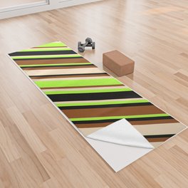 [ Thumbnail: Brown, Bisque, Light Green, and Black Colored Striped Pattern Yoga Towel ]