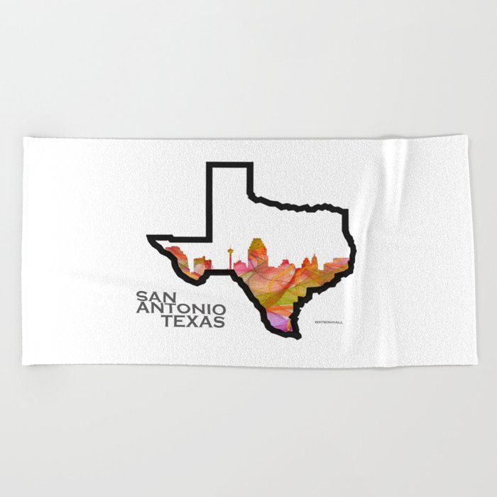 Texas State Map with San Antonio Skyline Beach Towel