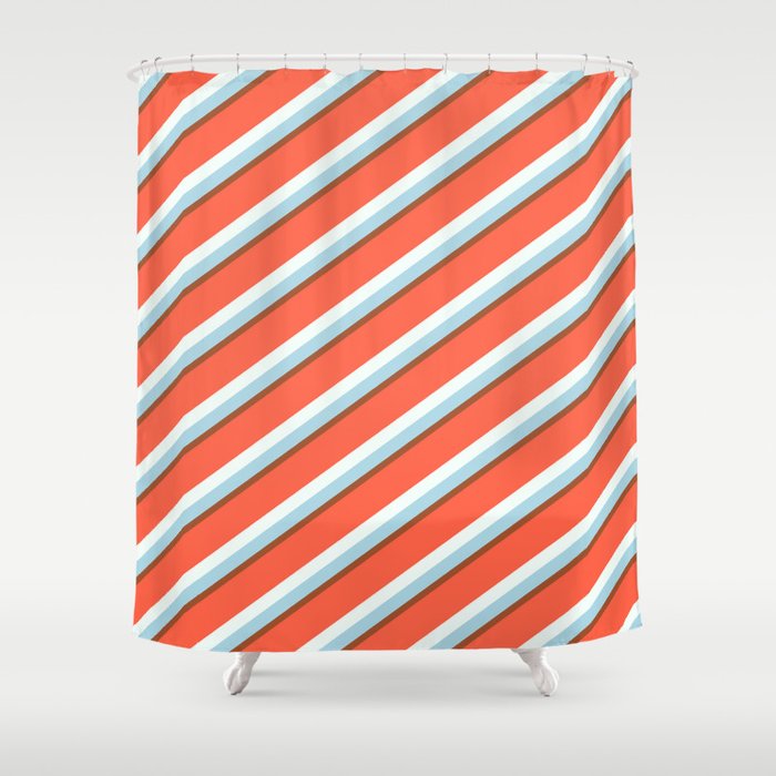 Red, Mint Cream, Light Blue, and Sienna Colored Lines/Stripes Pattern Shower Curtain