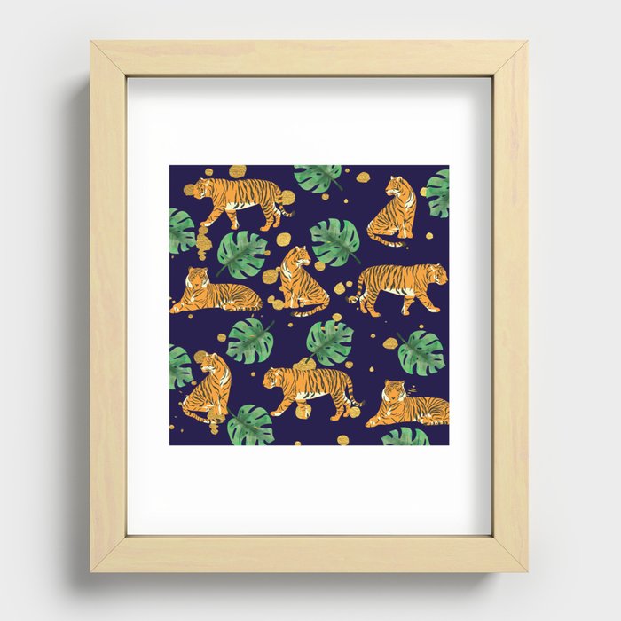 Modern Trendy Jungle Monstera and Tigers with Gold Spots Pattern Recessed Framed Print