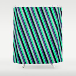[ Thumbnail: Dark Slate Blue, Grey, Green, and Black Colored Lines/Stripes Pattern Shower Curtain ]