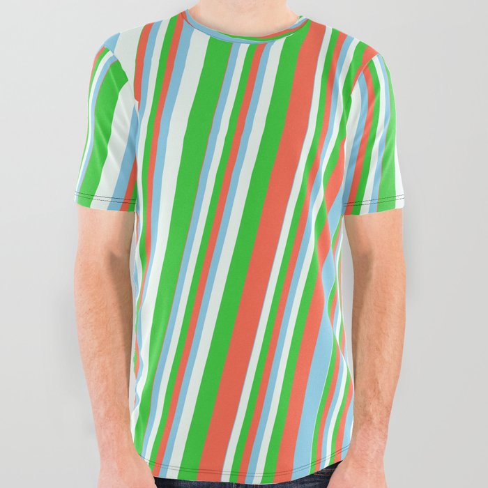 Red, Sky Blue, Mint Cream, and Lime Green Colored Pattern of Stripes All Over Graphic Tee