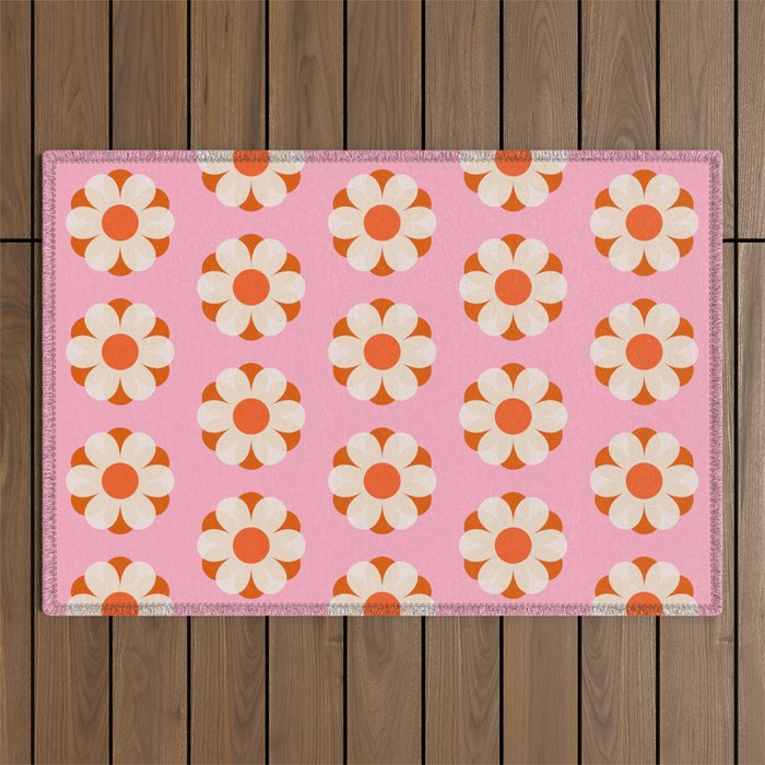 1970s Pink Floral Flower Power Pattern Outdoor Rug