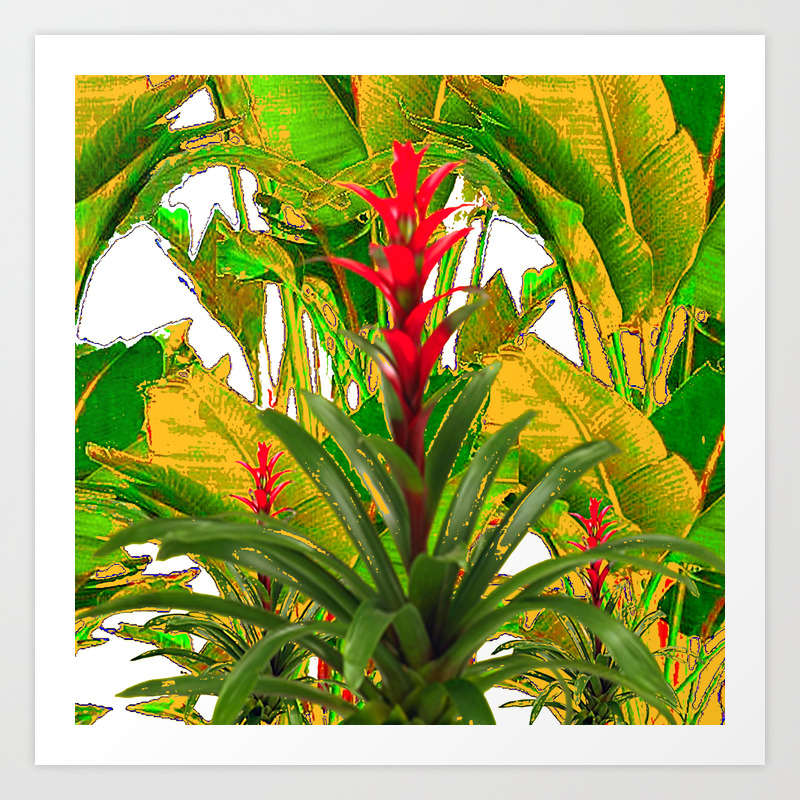 White Abstract Green Yellow Jungle Tropical Red Flowers Art