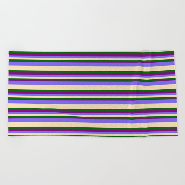 Medium Slate Blue, Tan, Dark Green & Purple Colored Pattern of Stripes Beach Towel