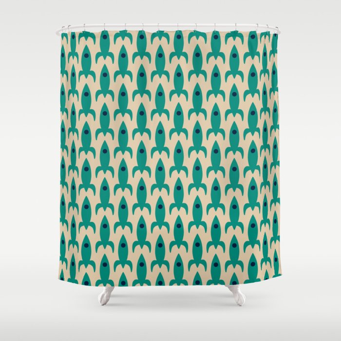 Space Age Rocket Ships - Atomic Age Mid-Century Modern Pattern in Teal and Mid Mod Beige Shower Curtain