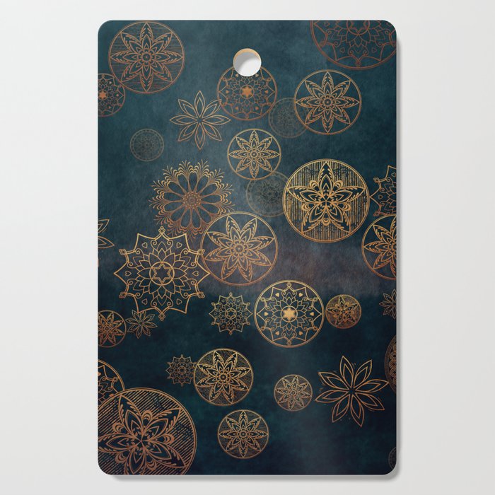 Golden Floral Mandalas on Dark Teal Grunge Background  Cutting Board