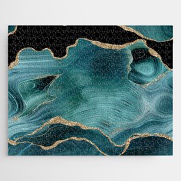 Teal & Gold Glitter Agate Texture 02 Jigsaw Puzzle