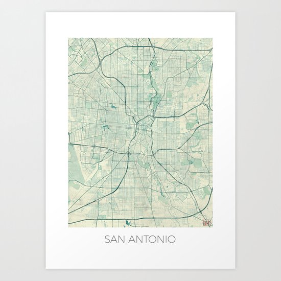 San Antonio Map Blue Vintage Art Print