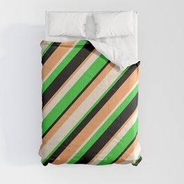 [ Thumbnail: Beige, Lime Green, Black & Brown Colored Stripes Pattern Comforter ]