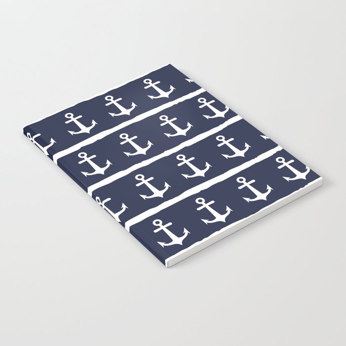 Nautical Navy Blue White Anchors Stripes Notebook