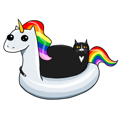 Chonky Cat on Rainbow Unicorn Floatie by kilkennycat