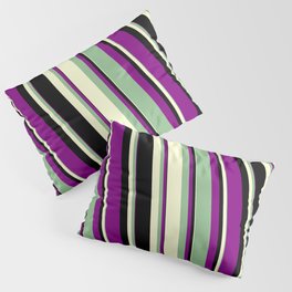 [ Thumbnail: Purple, Dark Sea Green, Light Yellow & Black Colored Lines/Stripes Pattern Pillow Sham ]