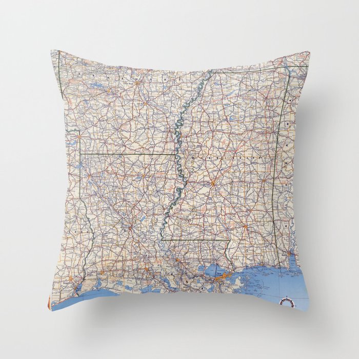 Flat map of Arkansas-Louisiana-Mississippi highways year 1950 Throw Pillow