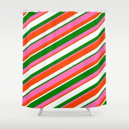 [ Thumbnail: Green, Hot Pink, Red, and Mint Cream Colored Pattern of Stripes Shower Curtain ]