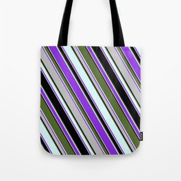 [ Thumbnail: Colorful Dark Olive Green, Light Cyan, Purple, Grey, and Black Colored Lined/Striped Pattern Tote Bag ]