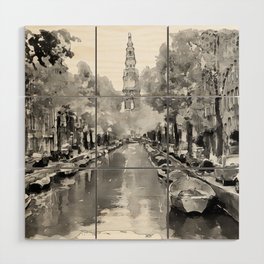 Amsterdam Canal 2 Black and White Wood Wall Art