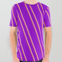 [ Thumbnail: Dark Violet, Plum & Coral Colored Stripes/Lines Pattern All Over Graphic Tee ]