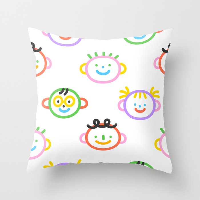 Colorful funny children face doodle pattern print Throw Pillow