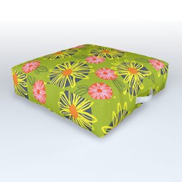 Retro Modern Inked Wildflowers On Green Outdoor Floor Cushion