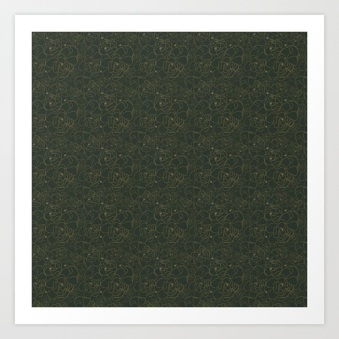 Magnolia Gold Line Art on Forest Green, Majestic Magnolia Collection Art Print