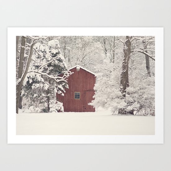 Red Barn on a Snowy Day Art Print
