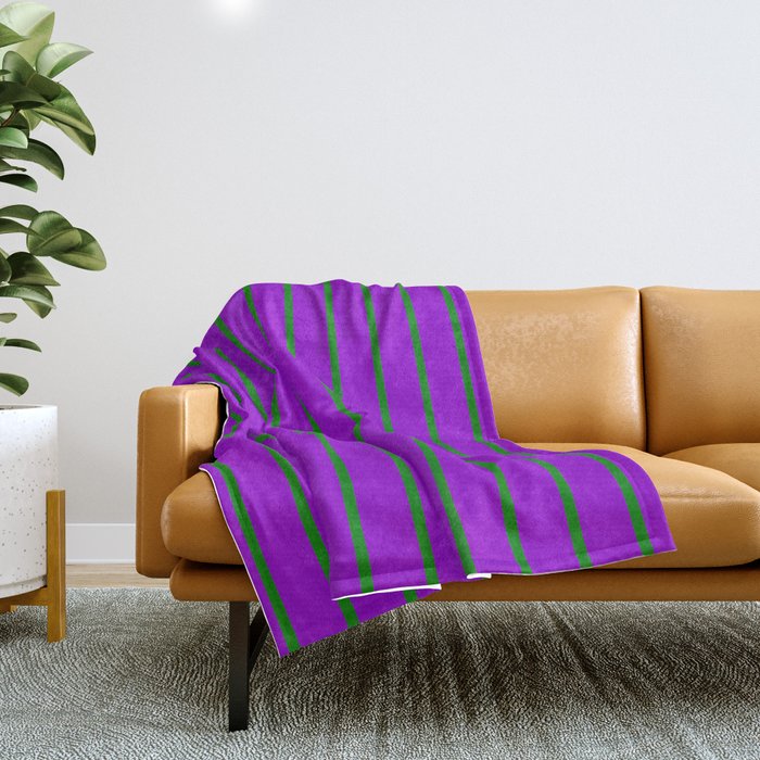 Dark Violet and Green Colored Lines Pattern Throw Blanket